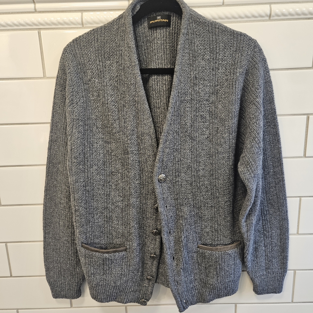 Puritan Vintage 1970s/1980s NWT Men's Gray Ribbed Button-Front Cardigan Sweater